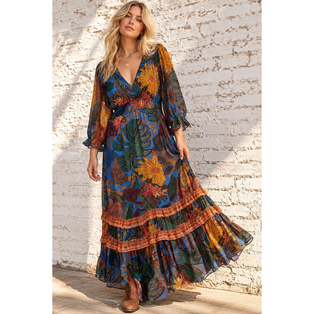 Farm Rio Anthropologie Blue Viscose Tropical Floral Maxi Puff Sleeve Dress MP
